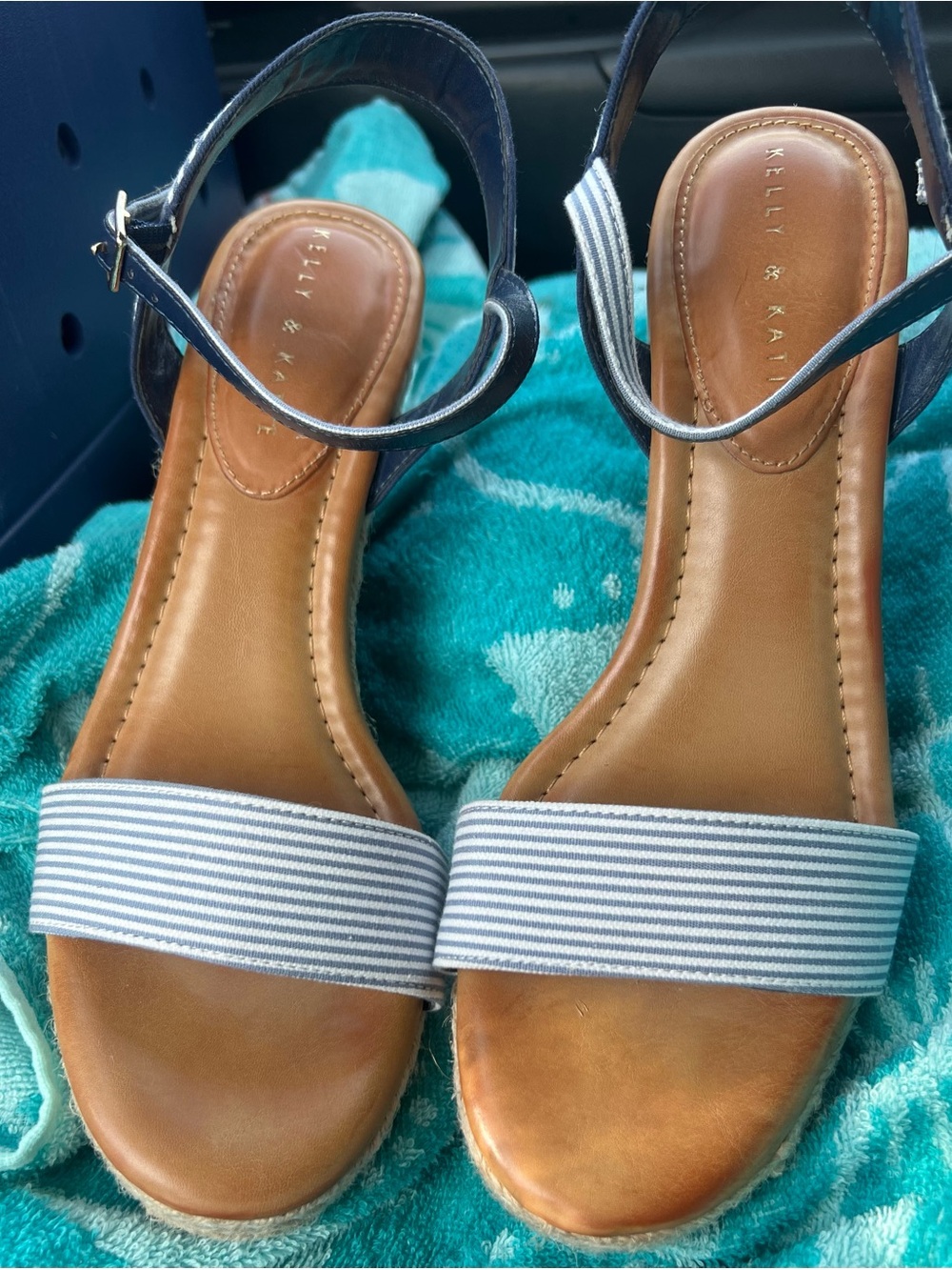 Kelly & Katie Navy Ankle-Strap Wedge Sandals with Blue-White Striped Front